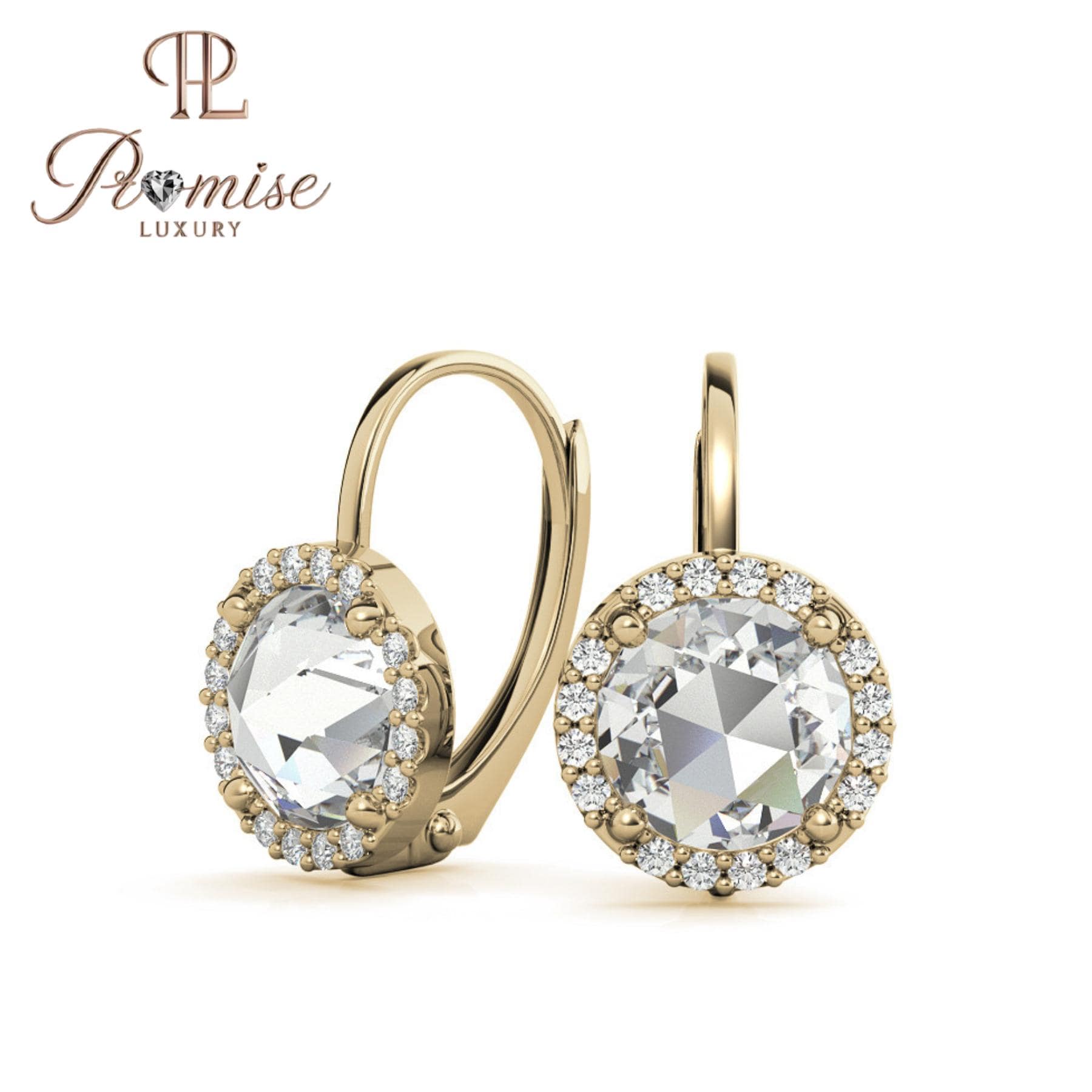Halo Diamond Leverback Earrings | Round Cut | 14K Gold or Sterling Silver | Dangle Drop | 1.00 CTW | Promise Luxury