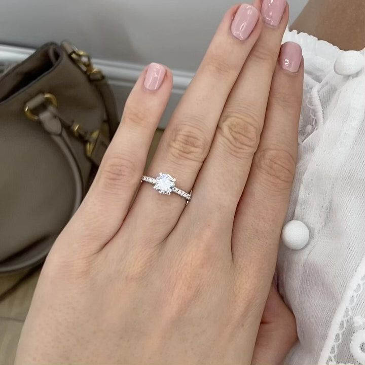2.0 C.T Lab-Grown Diamond Ring – Round Cut Solitaire with Hidden Halo & Pavé Shank in Sterling Silver, Elegant Bridal Jewelry